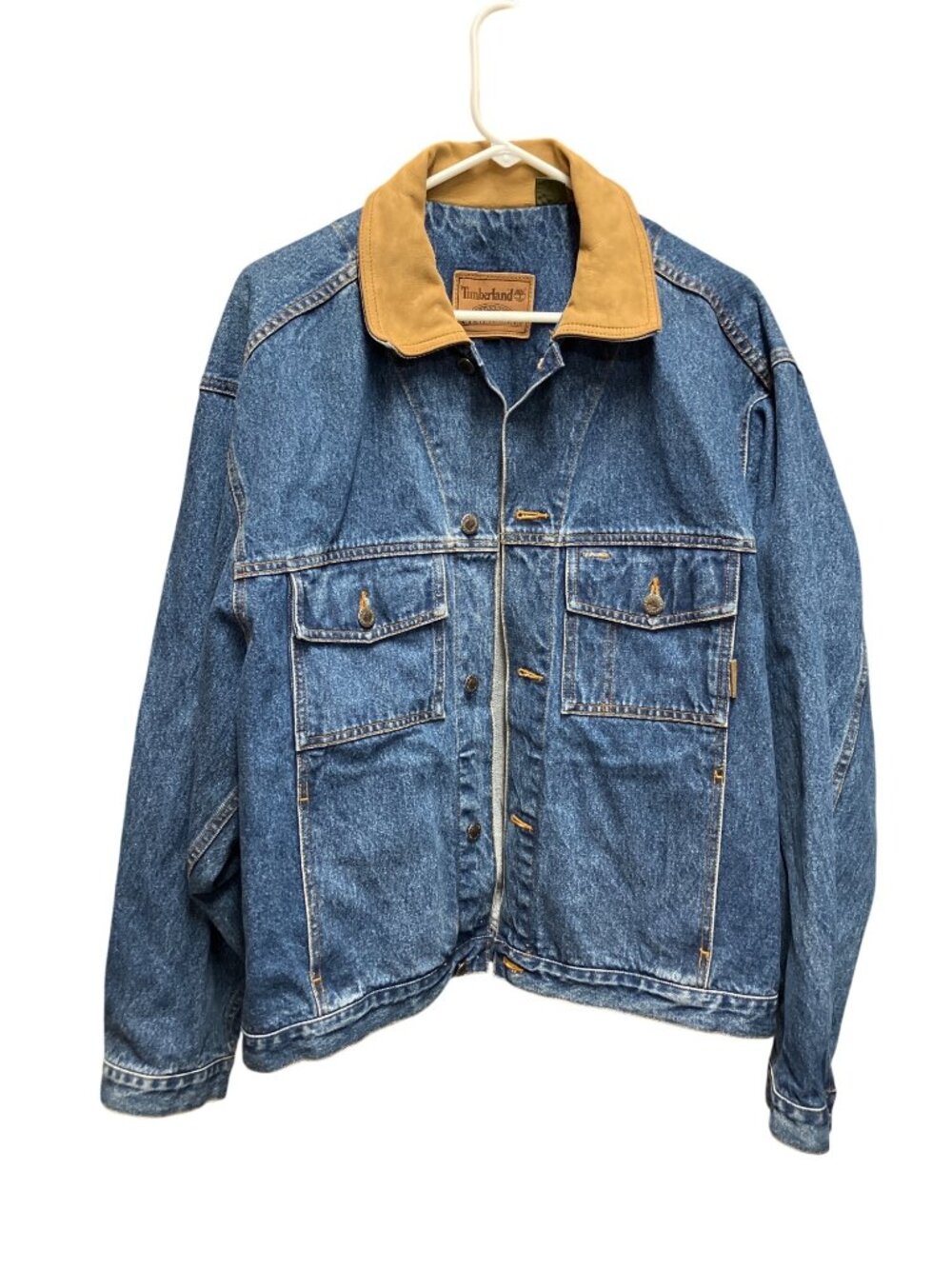 Timberland Classic Denim Weathergear Jacket Leather Collar Mens Large Blue